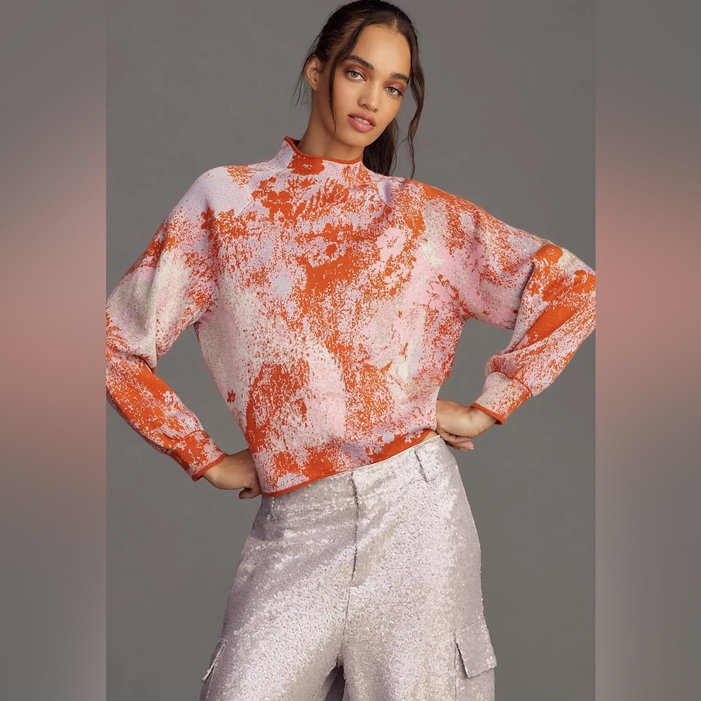 Anthropologie Pink and Orange Abstract Cowl Sweater